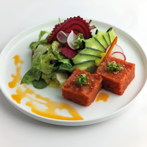Two square portions of spicy tuna with a side salad of mixed greens, cucumber, radish, and beet.